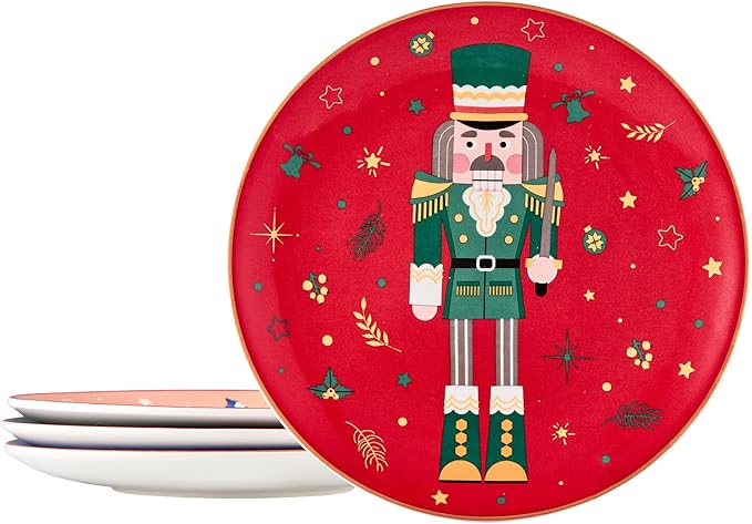Bico Christmas Soldier Salad Plates Set of 4, 8.75 Inch Ceramic Dessert Plates for Salad, Appetizer, Side Dishes, Microwave and Dishwasher Safe, Gift for Housewarming and Christmas