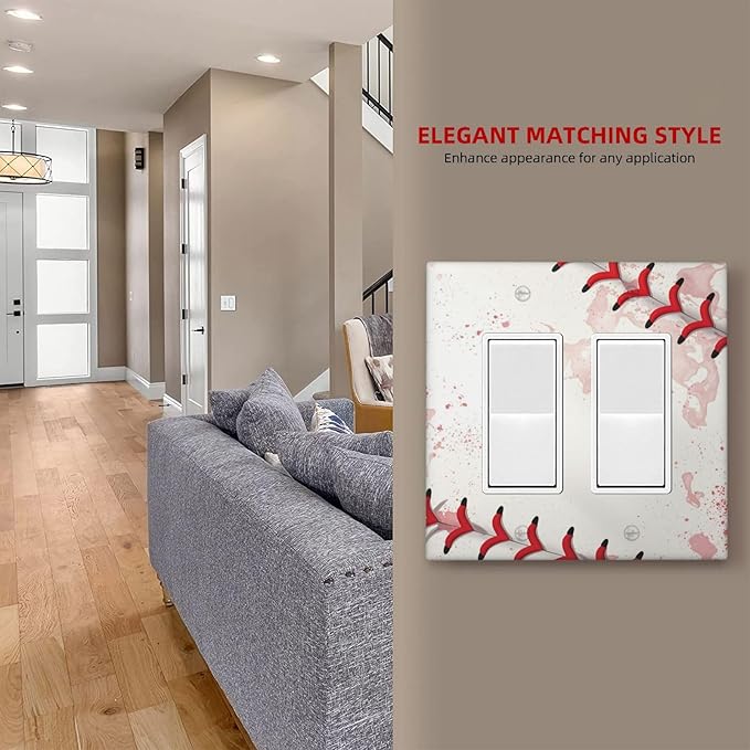 Outlet Covers Baseball Sports Ball Game 2 Gang Light Switch Cover Double Rocker Wall Plate Decorative GFCI Receptacle Electrical Switchplate for Bathroom Bedroom Decor（2 Pack）