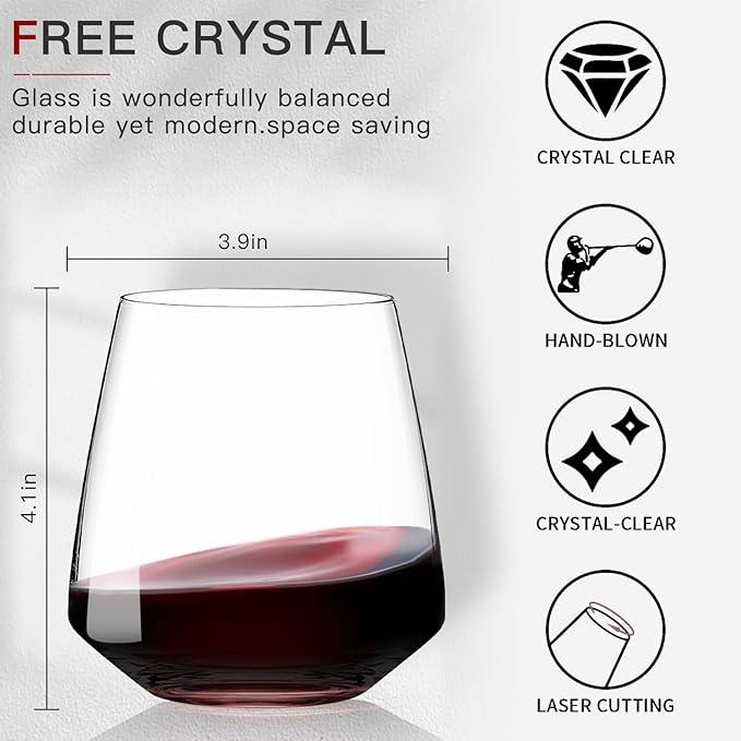 Stemless Wine Glasses Set of 4-15 oz Clear-Modern Hand-Blown Wine Glasses, European Design Crystal Glass For Red & White Wine, Unique Gifts for Wedding, Birthday,Valentine's Day