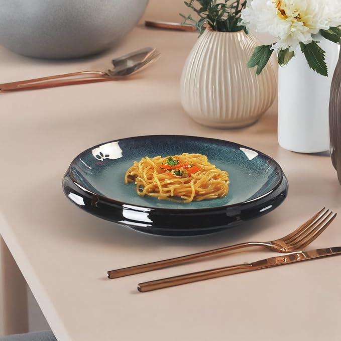 Ceramic Pasta Bowls, Set of 4, Reactive Glaze Pasta Bowls, Large, Wide Bowls for Salads, Desserts, and Fruit, Microwave-, Dishwasher-, and Oven-Safe