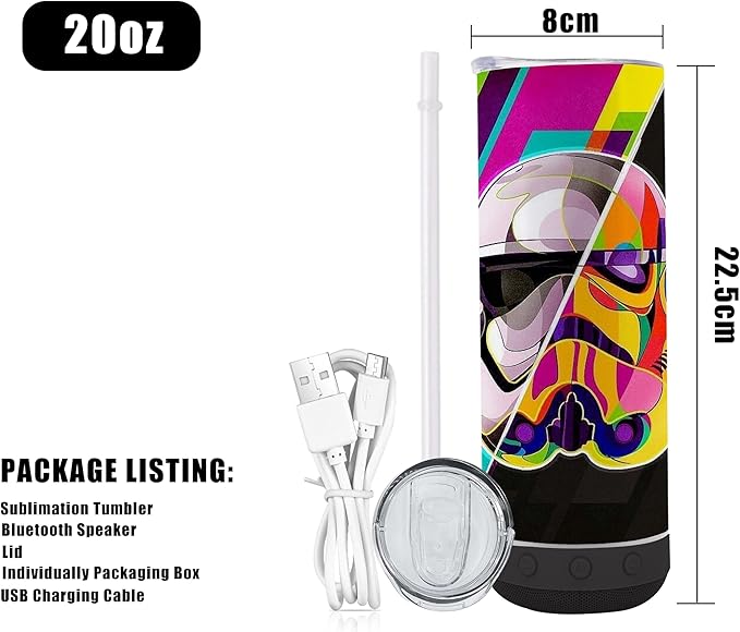 12pack 20oz cups Bluetooth Tumbler with Straw and Lid, Double-Wall Stainless Steel Vacuum Insulation Sublimation Tumbler Blank, RemovableRechargeable Bluetooth Wireless Speaker