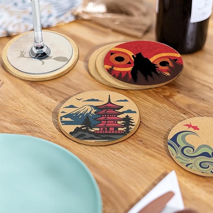Coasters for Drinks with Holder Set of 6, Japanese Cork Coasters Absorbent Animation for Office Desk Cup Table Coaster Kitchen Decor Inspired House Warming Gifts for New Home Couples, Round 4"