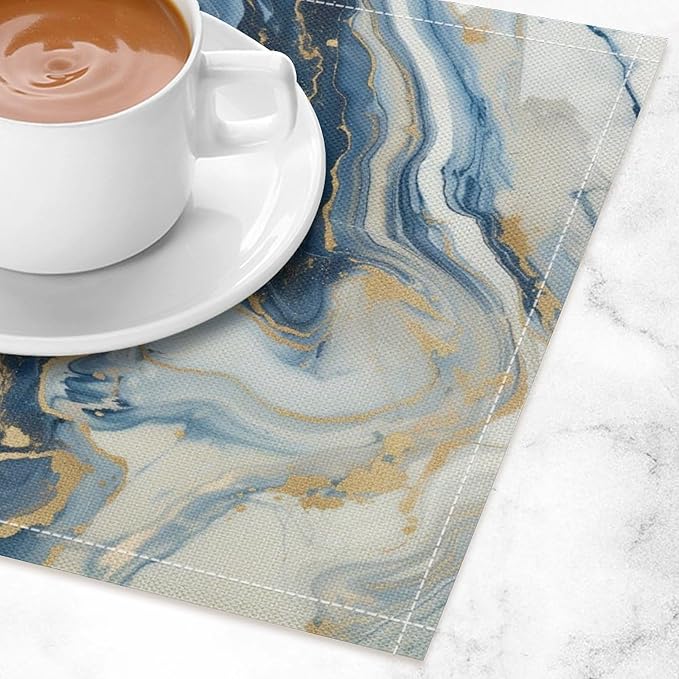 Marble Linen Placemats Set of 4, Modern Luxury Foil Texture Blue White Gold Marble 12x17 Inch Washable Table Mats Non Slip Placemats for Wedding Party Kitchen Banquets Dining Decoration