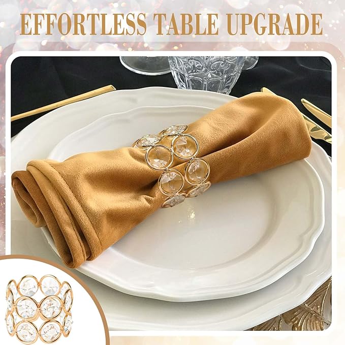 Crystal Metal Napkin Rings Set, Elegant Wedding/Party Table Decor, Shiny Holiday Dinner Accessories Bulk, Bridal Shower Gift, Anniversary, Christmas, Home Decor Essentials (Gold, 24-Pcs)
