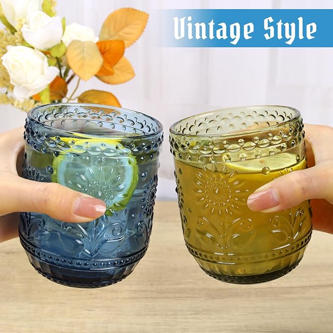 Topsky Vintage Drinking Glasses Set of 4,12oz Drinkware Set,Blue Glass Cups Wine Glasses Colored Glassware for Whisky,Beer,Juice,Cocktail,Heavy Duty