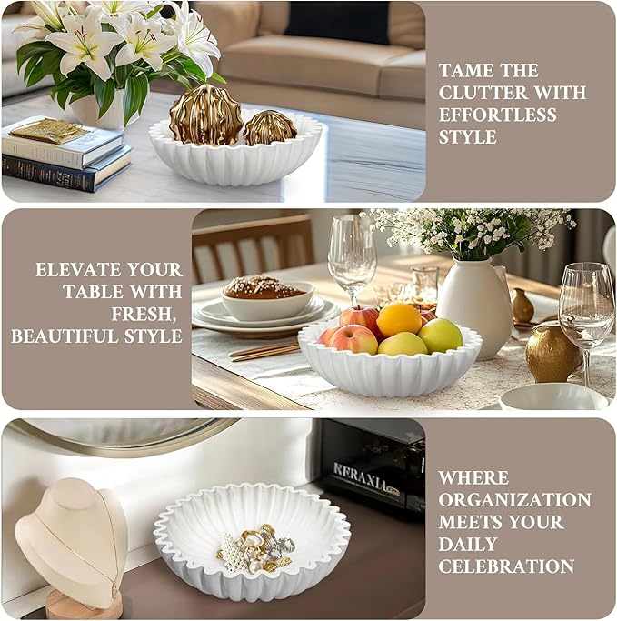 MAONAME Concrete Decorative Bowl, White Fruit Bowl for Kitchen Counter, Modern Handicraft Coffee Table Key Bowls, Large Scalloped Ruffle Bowls for Entryway, Home Decor