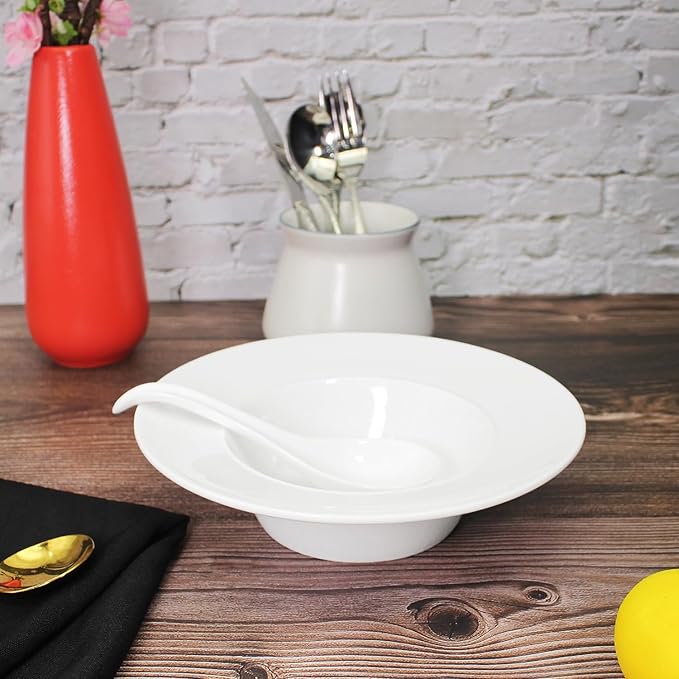 Soup Bowl Soup Plates with Rim 12 oz, Pasta Bowl Set of 4, White Shallow Bowl Plate, Ceramic Wide Rimmed Soup Bowl, Best choice for high-end restaurants, hotels, and foodies, 9 Inch