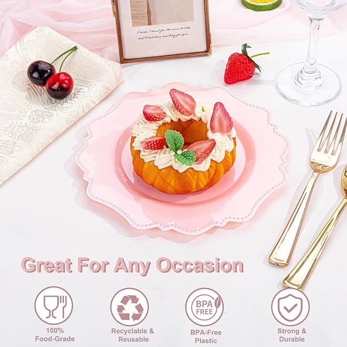 COLOSUS 60pcs Pink Plastic Dessert Plates - 7.5 Inch- Heavy Duty Disposable Plastic Appetizer/Salad/Cake Plates for Party Wedding and Everyday Use,Valentine's Day