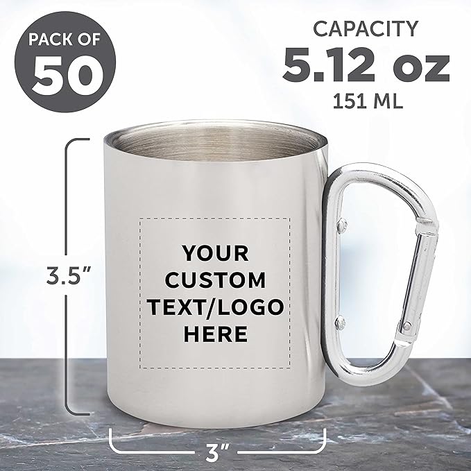 Custom Stainless Steel Mugs with Carabiner Handle 10 oz. Set of 50, Personalized Bulk Pack - Perfect for Coffee, Soda, Other Hot & Cold Beverages - Silver