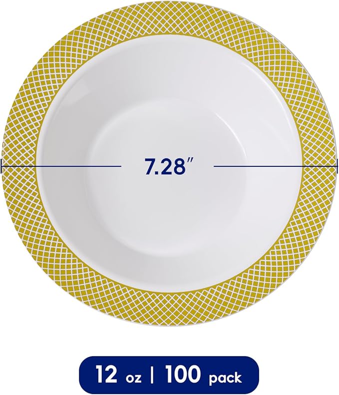 JOLLY CHEF 100 Disposable Plastic Bowls, 12oz Heavy Duty Disposable Dinner Bowls, Dessert Bowls with Gold Rim for Party, Dinners, Catering, Thanksgiving and Everyday Use