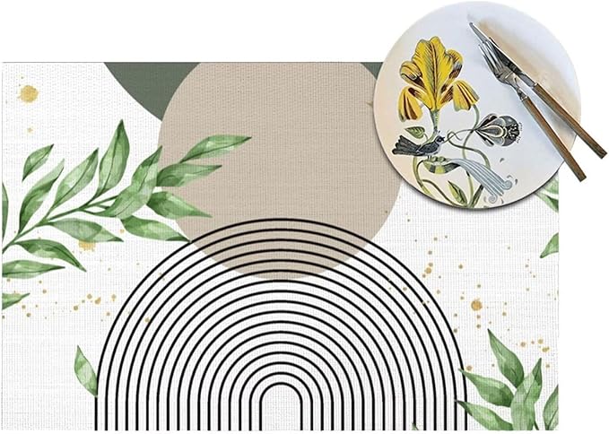 Boho Sage Green Placemats Abstract Bohemian Mid Century Modern Gold Leaves Plant Olive Grey Minimalist Washable Place Mats 12x18Inch for Dining Kitchen Farmhouse Decor 6 PCS
