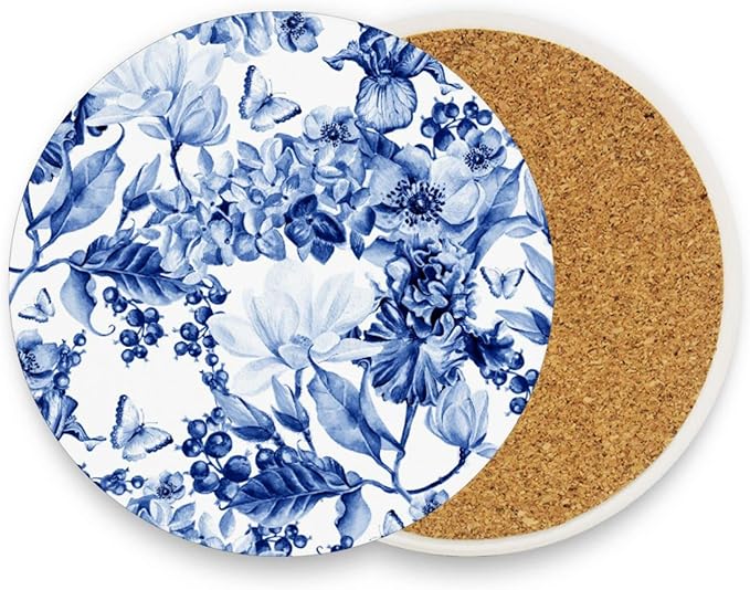 Coasters for Drinks Cup Coaster for Coffee Table Desk Round Cup Mat Cork Backing Home Decor Blue White Flowers Butterfly