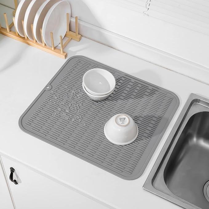 Silicone Dish Drying Mat for Multiple Usage,Easy clean,Eco-friendly,Heat-resistant Silicone Mat for Kitchen Counter or Sink,Refrigerator or Drawer Liner Grey 2XL 24 inches x 18 inches