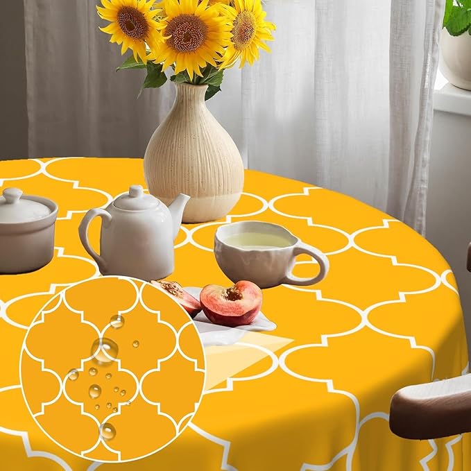 Laeacco 60 Inch Morocco Round Tablecloth Orange Geometric Lattice Modern Abstract Art Print Table Cloth Washable Waterproof Wrinkle Free Table Cover for Kitchen Dining Picnic Party Decoration