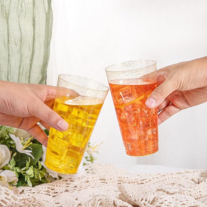 I00000 16 oz Gold Plastic Cups, 50 Pack Gold Glitter Plastic Cups Tumblers Disposable Party Cup Wedding Cup, Heavy-duty Plastic Disposable Glasses Ideal for Birthday, Wedding & Party