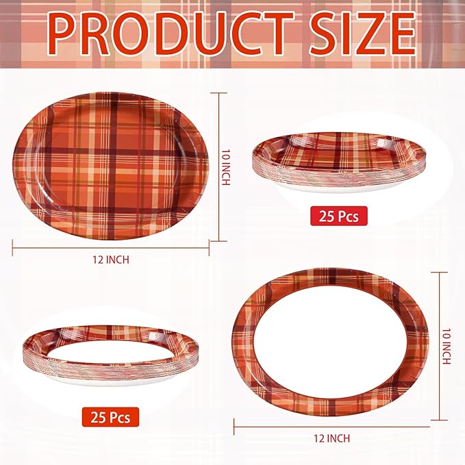 50Pcs Fall Gingham Oval Paper Plates 10" x 12" Large Heavy Duty Disposable Autumn Burnt Orange Buffalo Plaid Dessert Plates Thanksgiving Harvest Platters for Wedding Picnic Birthday Party Supplies