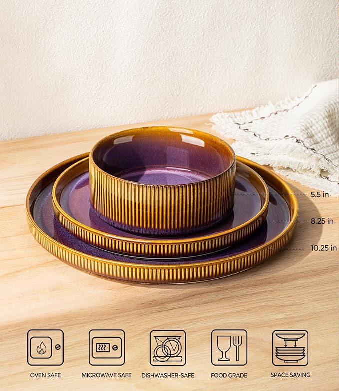 TheTerra Ceramic Dinnerware Sets for 6, 18 Pieces Porcelain Lightweight Plates and Bowls Sets, Scratch Resistant Dish Set, Oven & Microwave & Dishwasher Safe, Amber Amethyst