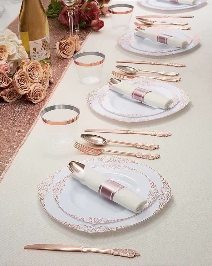 Goodluck 350 Piece Rose Gold Plastic Dinnerware Set for 50 Guests,Fancy Disposable Plates,Include: 100 Rose Gold Rim Plastic Plates,150 Silverwares,50 Pre Rolled Napkins,50 Cups for Party,Wedding