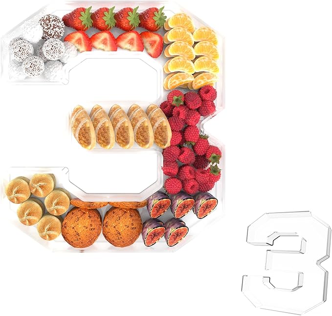 13.8" Acrylic Number Charcuterie Tray, Fillable Number Charcuterie Box for Food, Reusable Serving Cake Candy Dish Display Tray for Birthday Anniversary Party Decoration (Square Number 3)