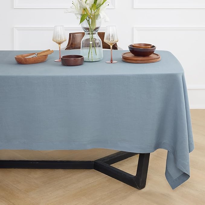 Solino Home Dusty Blue Linen Tablecloth 70 x 120 Inch - 100% Pure Linen Table Cloth for Rectangle Tables - Sonoma, Machine Washable Tablecloth for Winter, Spring, Easter