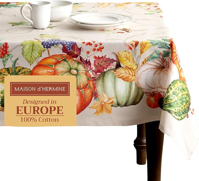 Maison d' Hermine Table Cloth Square Table 100% Cotton 60 x 60 Inches Fall Tablecloth Reusable Everyday Use for Thanksgiving Christmas Decorations Dining Farmhouse Party (Lumina)