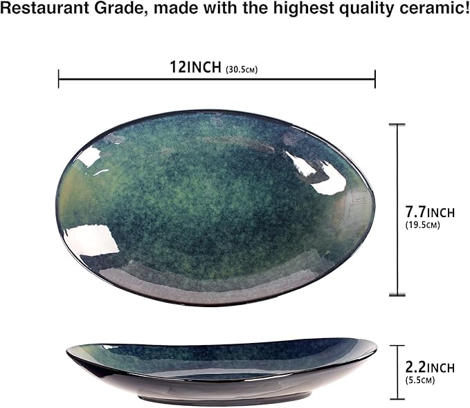 Ceramic Serving Platters Set of 4, 12.1 Inch Curved Oval Salad Plates for Entertaining, Modern Kitchen Dishes, Trays for Dinner, Fruit, Salad, Pasta, burgers - Dishwasher Microwave Safe