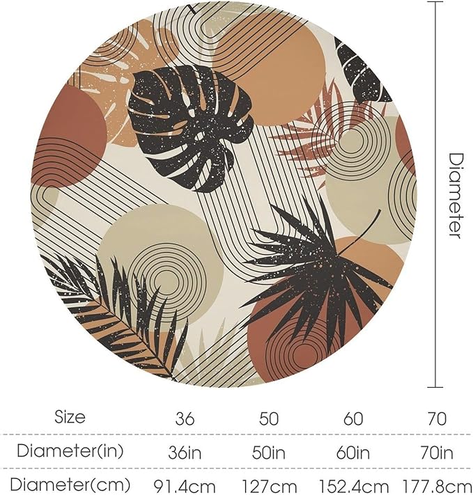 Boho Medieval Abstract Leaves Round Tablecloth, Mid Century Modern Bohemian Style Print Tablecloth for Home Party Dining Room Kitchen Decor 60Inch(152cm)