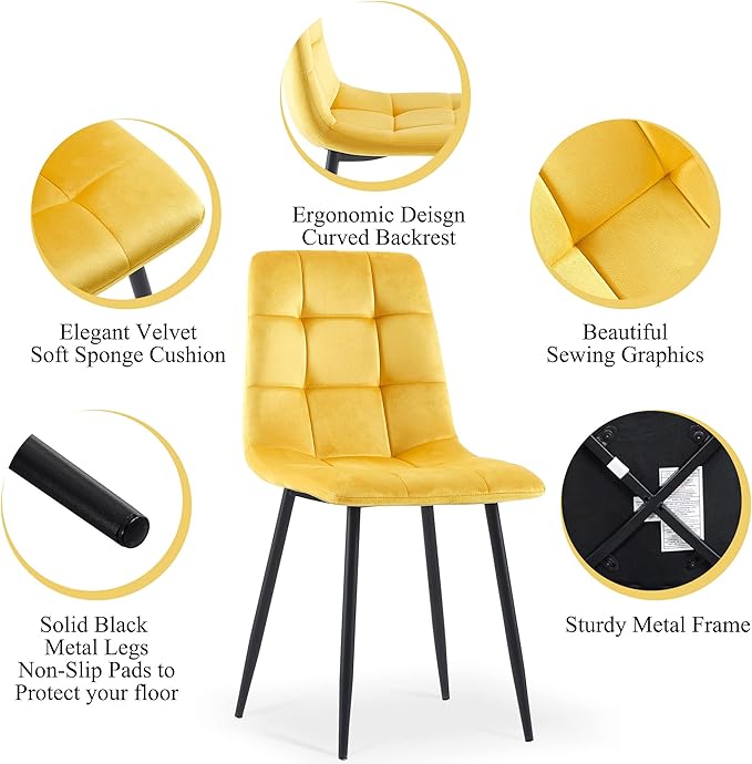 5 Pieces Dining Table Set for 4, 37" Round Kitchen Table Set, Thick MDF Tabletop with 4 Yellow Velvet Dining Chair, Mordern Dining Room Set for Coffee, Living Room