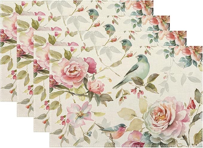 Floral Placemats Set of 4 Vintage Watercolor Bird Flower Decor Place Mats 12x18 Inch Spring Summer Seasonal Decorative Linen Table Mats for Home Kitchen Dining Party Table Decoration