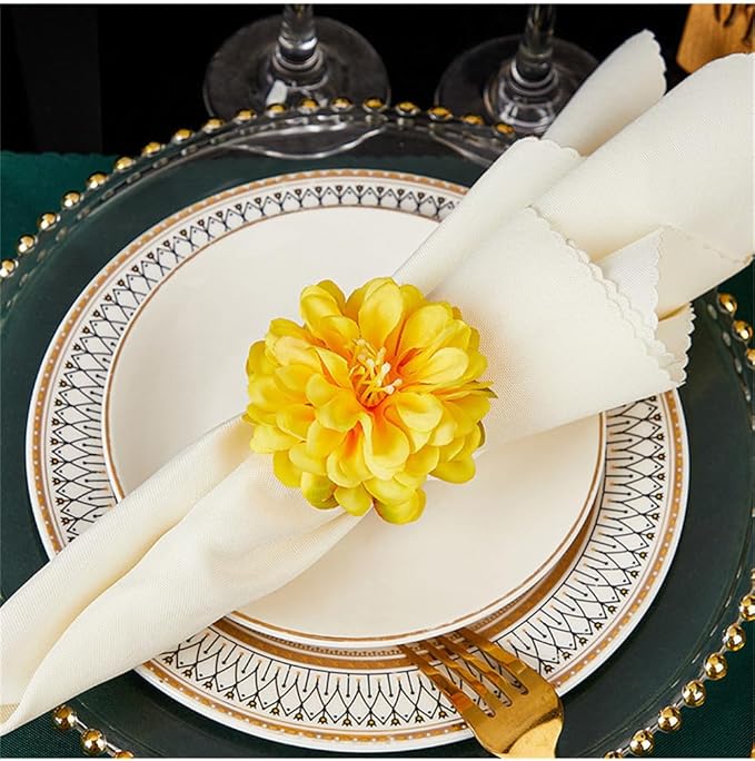 Flower Napkin Rings Set of 6,Rustic Rose Napkin Rings Flower Dinner Napkin Holder for Table Decoration (34#Yellow)