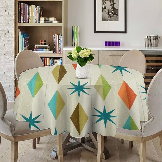 Mid Century Round Tablecloth, Modern Colorful Abstract Geometric Retro Art Printed Tablecloth for Home Party Dining Room Kitchen Decor 50Inch(127cm)