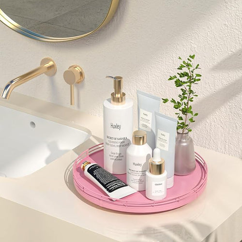12" Oak Wood Bathroom Tray for Counter, Vanity Tray for Perfume Lotion Candle Makeup Jewelry Sink Soap Holder Turntable Dresser Organizer Countertop Coffee Table Decor Organization and Storage Pink