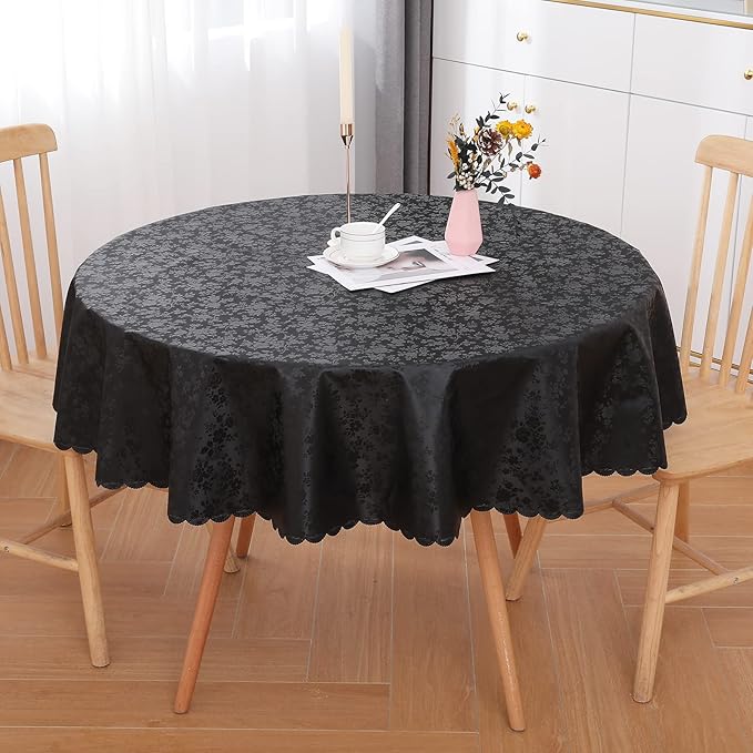Smiry Round Table Cloth, Waterproof Heavy Duty Vinyl Tablecloths, Wipeable Washable Table Cover for Kitchen and Dining Room (Black, 60" Round)