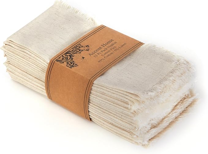 ACCENTHOME Natural Cotton Linen Napkin Set of 12 18x18 inch Dinner Napkins - Washable Soft Premium Hotel Quality Reusable Hemmed Edges Napkins Perfect Table Linens for Family Dinners, Weddings