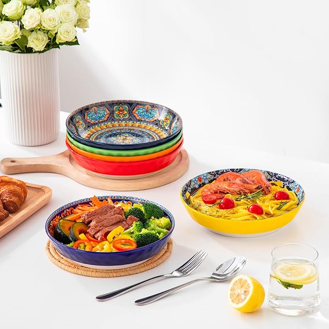 vancasso 32 Oz Pasta Bowls, Porcelain Large Colorful Salad Soup Bowls Set of 6, Dishwasher & Microwave Safe, Pasta Serving Bowls Plates for Kitchen, Dishwasher & Microwave Safe, Series KRVI
