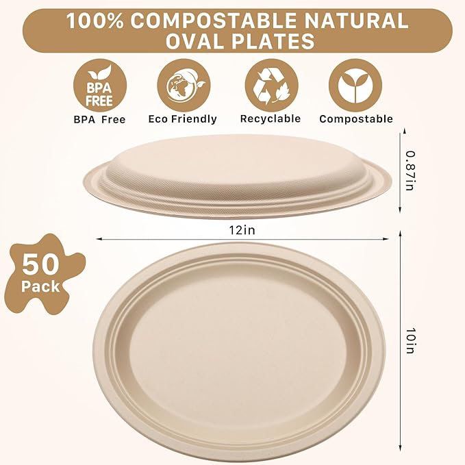 50 Pack Oval Paper Plates, 12 Inch Disposable Paper Plates Heavy Duty,Compostable Oval Plate, Natural Bagasse Sugarcane Plate for BBQ Party Picnic Gathering, Natural Brown