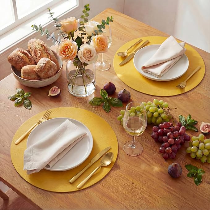 Artoid Mode Yellow Faux Leather Placemats Set of 4, 15 Inch Waterproof Wipeable Heat Resistant Vinyl Place Mats, Reversible Table Mats for Summer Kitchen Dining Decor