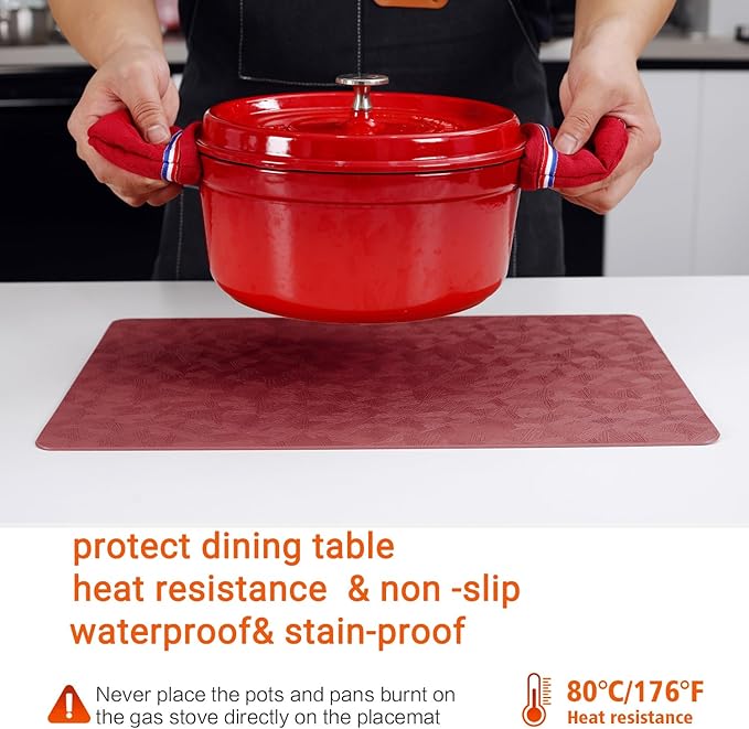 Vinyl Placemats Set of 6 Heat Resistant Easy Clean Non-Slip Place Mats for Dining Table Faux Leather Waterproof Stain Resistant Wipeable Washable PVC Table Mats(6, Red)