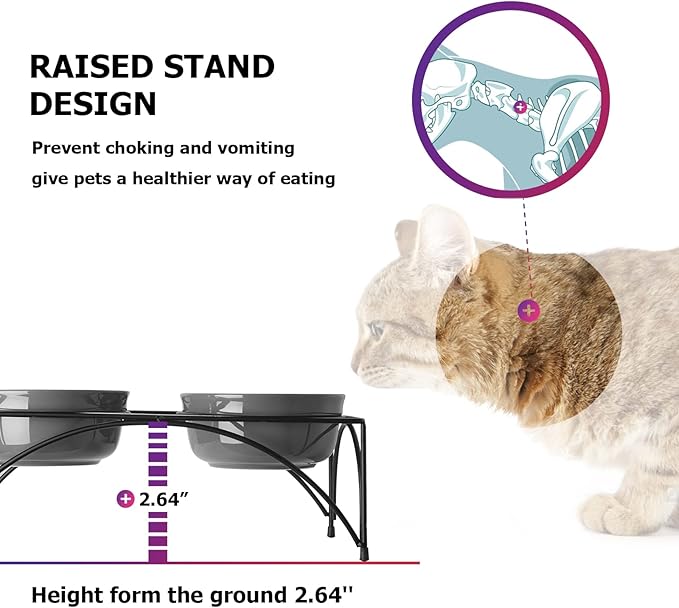 Y YHY Ceramic Raised Pet Bowls 24 oz Capacity 5.2” Height Sturdy Metal Stand, Grey