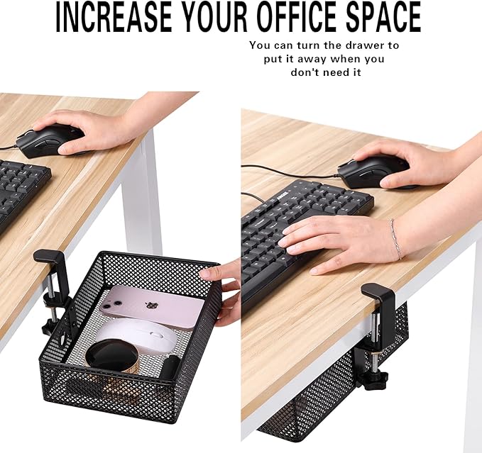 Mesh Desk Organizer and Clamp-on Swivel Pencil Drawer, Desk Hidden Extra Sturdy C-Clamp Mount System and Easy to Instal, Home Office Art Supply Storage Box (Black)