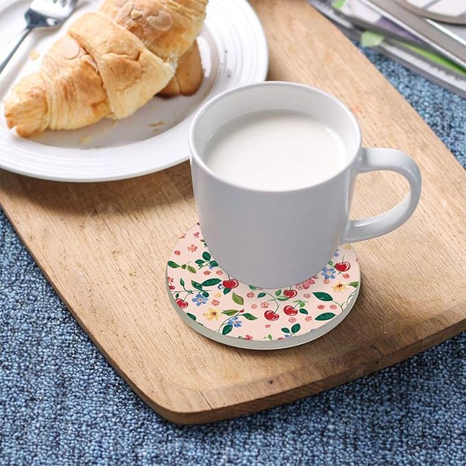 Coasters for Drinks Coaster Drink Set Decorative Coffee Table Desk Cup Mat Spring Cute Cork Bar Backing Round Home Decor Cute Cherry Blue Flowers26