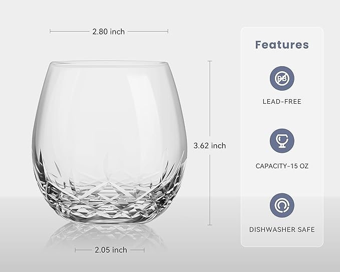 SHOSHIN Hand Cut Stemless Wine Glasses Lead-free Crystal Drinking Glass (15 Oz, Set of 4)