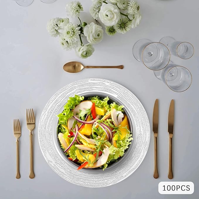 100 Pcs Silver Charger Plates Bulk, 13 Inch Antique Plastic Round Chargers Set, Textured Decorative Dinner Plates for Wedding Party Banquet Event Festival Table Decoration (Silver)