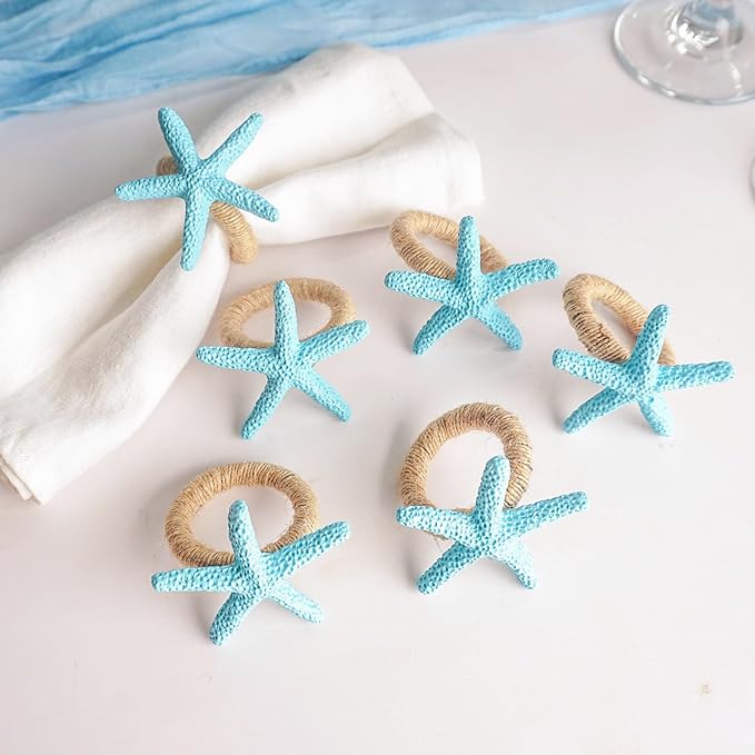 Starfish Napkin Rings Set of 6, Blue Sea Star Napkin Ring Holders for Crafts, Beach, Dinner Party, Wedding, Theme Party, Banquet, Nautical, Coastal Table Decor