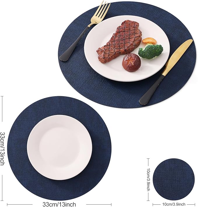Homaxy Round Faux Leather Placemats and Coasters, Washable Dual-Side Table Mats, Wipeable Heat-Resistant Dining Place Mats for Outdoor and Indoor, Set of 6, Diameter 13 and 3.93 inch, Navy Blue