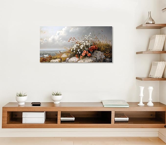 ADJUVANT Wall Art Vintage Coastal Floral Scene 40"L x 20"W, Seaside Wildflowers By The Ocean Canvas Painting Nature Artwork Coastal Blooms Prints Botanic Decor for Living Room Bedroom Bathroom Home Office