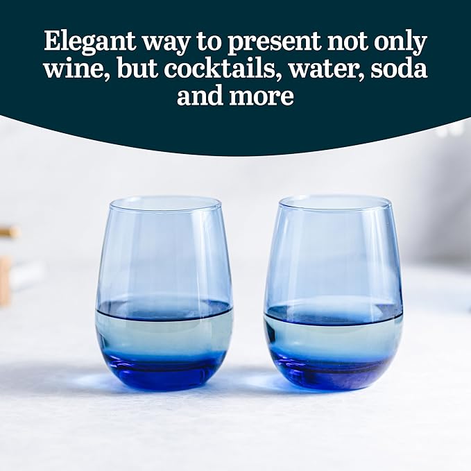 Libbey 231L Stemless Wine Glasses Set of 12, Tidal Blue, Restaurant Quality Red and White Wine Glasses, Drinking Glasses Set for Large Gatherings