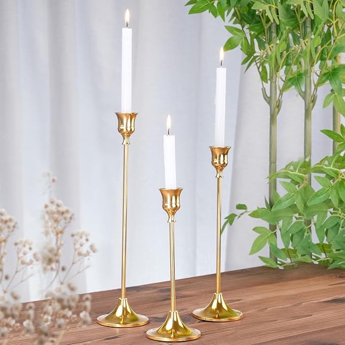 Metal Candle Holders for Candlesticks Taper Candlestick Holders Set Vintage Decorative Centerpiece Candelabra Tall Candle Stands (Gold, 4 Sets (12 pcs))