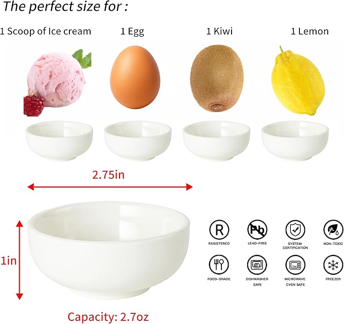 Ceramic Pinch Bowls,2.7 oz Mini Prep Dip Bowl Set,Small Dipping Salsa Charcuterie Soy Sauce Side Dish for Sushi,Set of 6 (White)