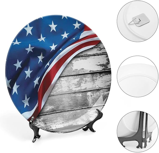 Decorative Plates, American Flag Decor Print Ornament, Flag Over Antique Rustic Rippled Board, 7 Inch, 1 Plate with 1 Display Stand, Grey Navy